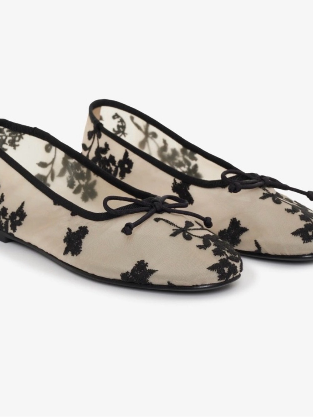 For Love And Lemons Beige Mesh Ballet Flats with Black Floral Embroidery